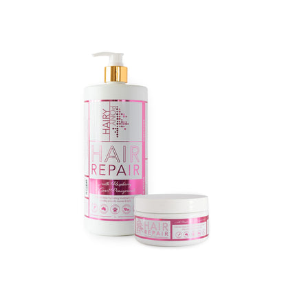 Hairy Pony Hair Repair with Raspberry & Sweet Pomegranate, in white 1L bottle & 250ml tub