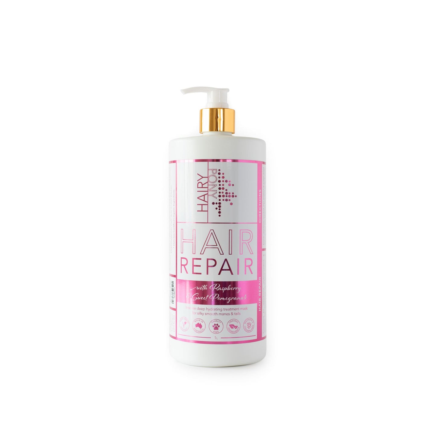 Hairy Pony Hair Repair with Raspberry & Sweet Pomegranate, in white 1L bottle