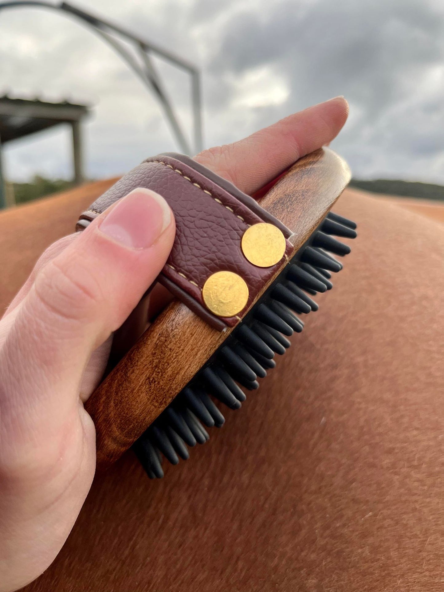 A side on view of the rubber brush in a person's hand. Showing the signiature beechwood material, black rubber bristles and gold detailing on the handle.