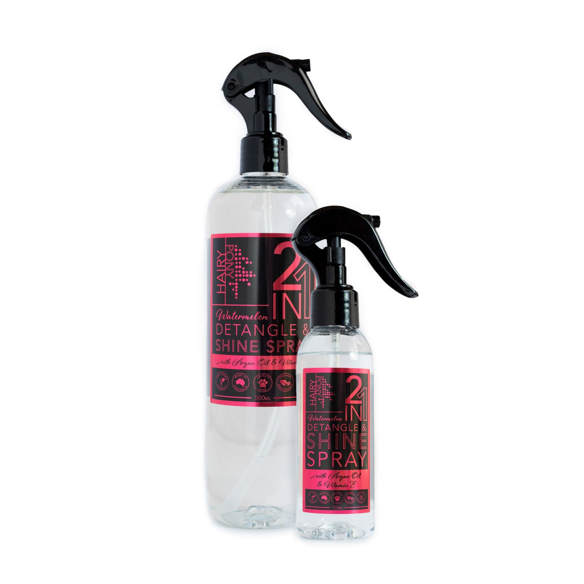 An image showing the two different packaging sizes available for the 2 In 1 Detangle & Shine Watermelon scented horse detangler spray. A 500ml bottle with spray nozzle and a 125ml bottle with spray nozzle.