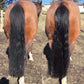 A collage image showing a side by side comparison of a horse's tail before and after using the 2 In 1 Detangle & Shine Horse Detangler Spray. The horse's tail looks knotted and dull in the first image, and silky and shiny in the second.