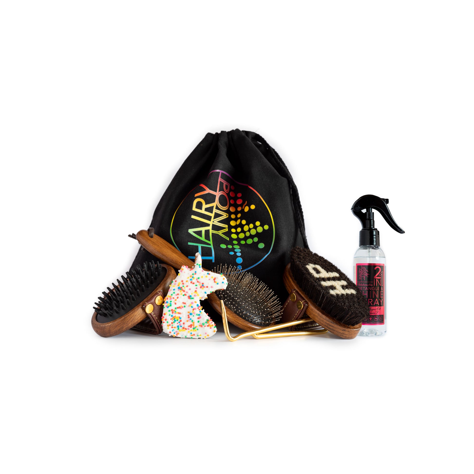 Hairy Pony Kids Grooming Kit contents with drawstring travel bag.