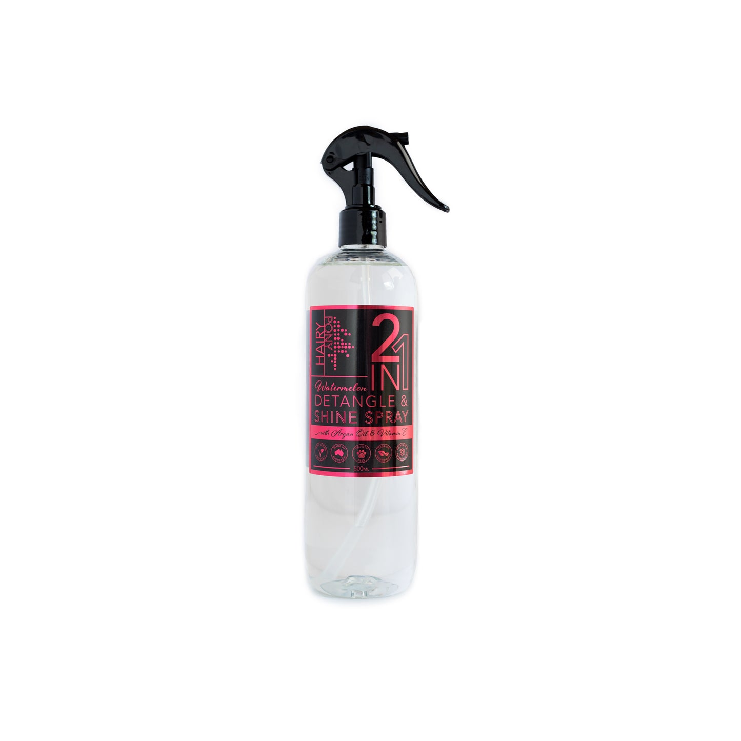 An image showing the Watermelon 2 In 1 Detangle & Shine Horse Detangler Spray in the 500ml bottle size with spray nozzle.