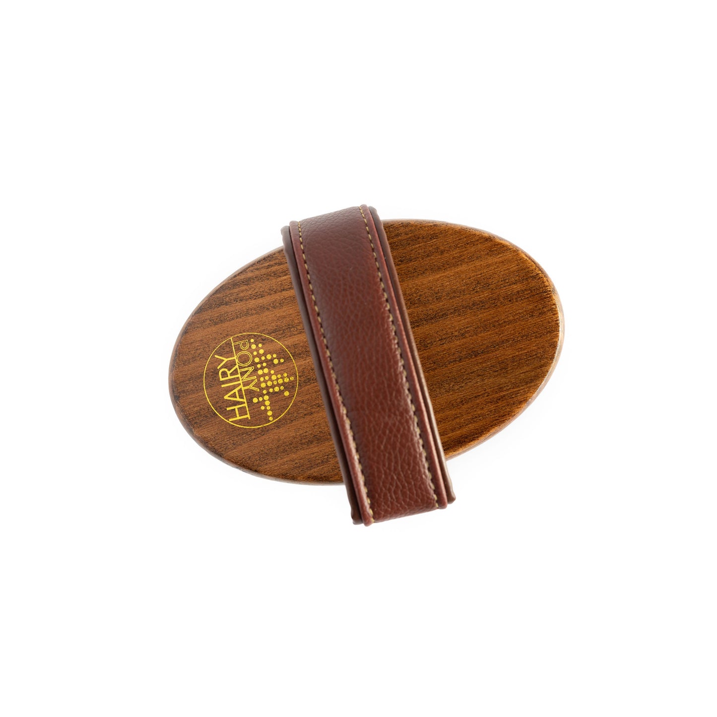 A top view of the Hairy Pony Rubber Brush, showing the beechwood material, soft handle and gold logo detailing.  