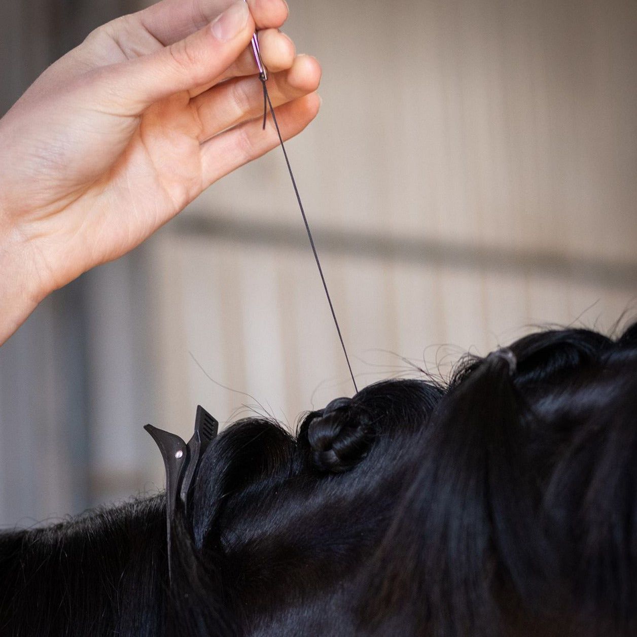 HAIRY PONY FLAT WAXED HORSE PLAITING THREAD being used on a horse's mane