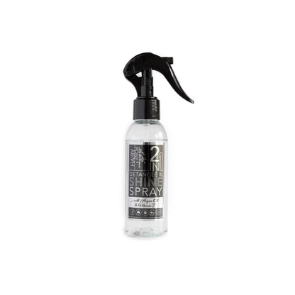 An image showing the 2 In 1 Detangle & Shine Spray in the125ml bottle size with spray nozzle.