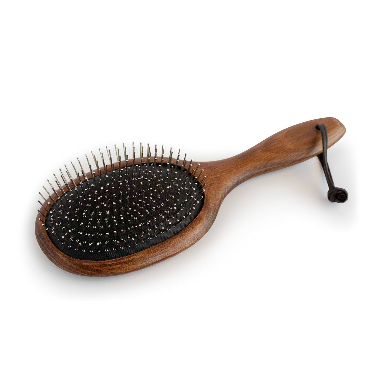 The Hairy Pony Mane and Tail Brush, with beechwood handle and a top view of the smooth metal bristles.