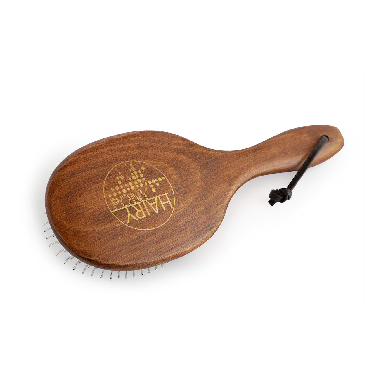 The Hairy Pony Mane and Tail Brush, with beechwood handle and a view of the back of the brush with gold logo detailing..