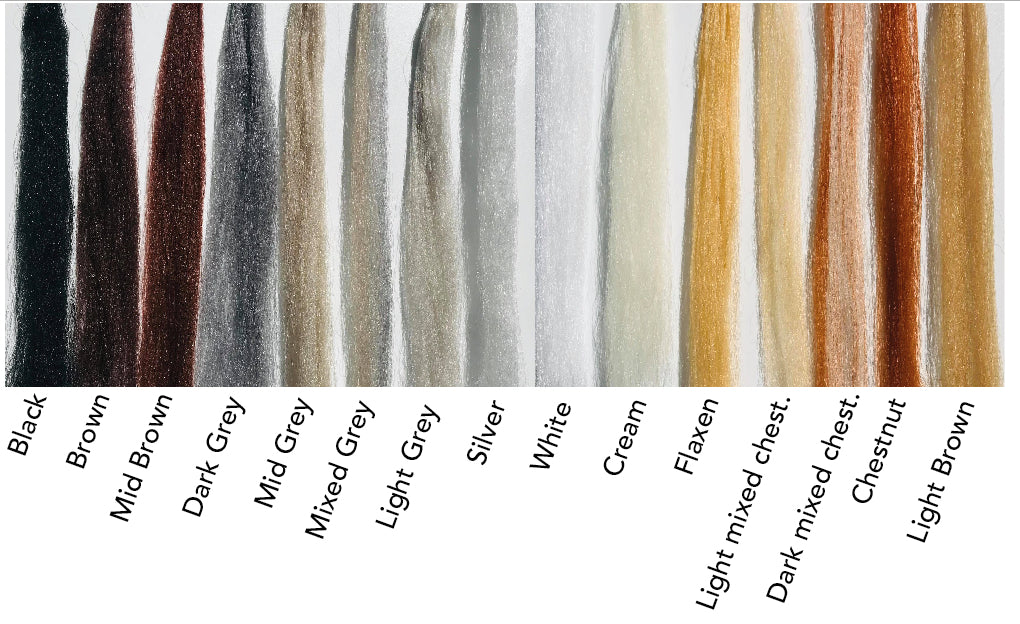 An image showing the Hairy Pony Fake It Horse Mane Hair Extension colours available. There are 15 colours to choose from.