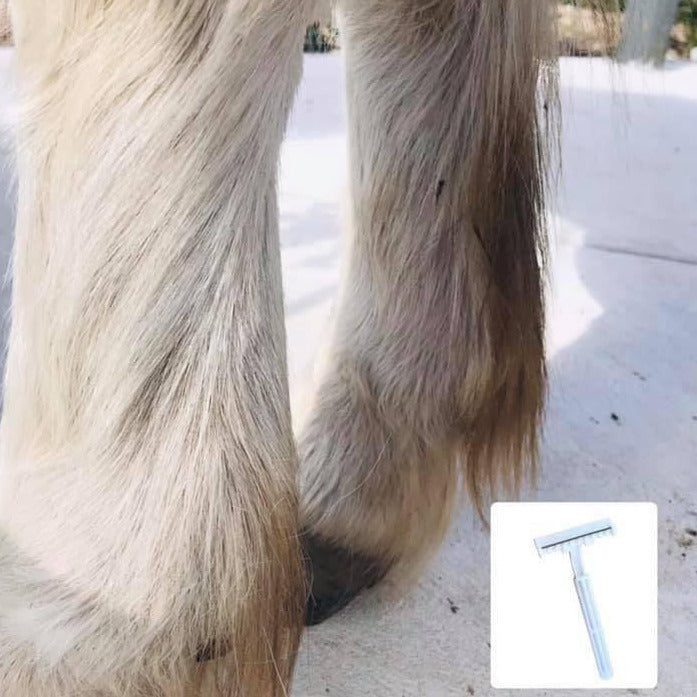 A before and after of horse feathers after using the Hairy Pony Equine Safety Razors